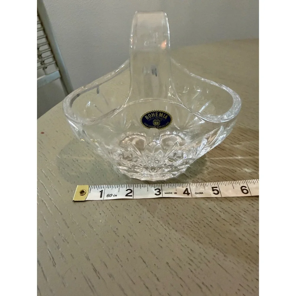 Vintage Bohemia Crystal Basket Hand Cut Glass Split Handle Made Czech Republic